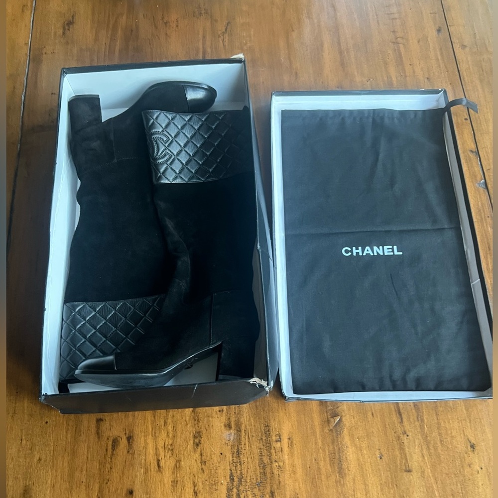 CC black suede & quilted leather knee-high cap toe ridding boots SZ 41 EU 9 US - Picture 3 of 16